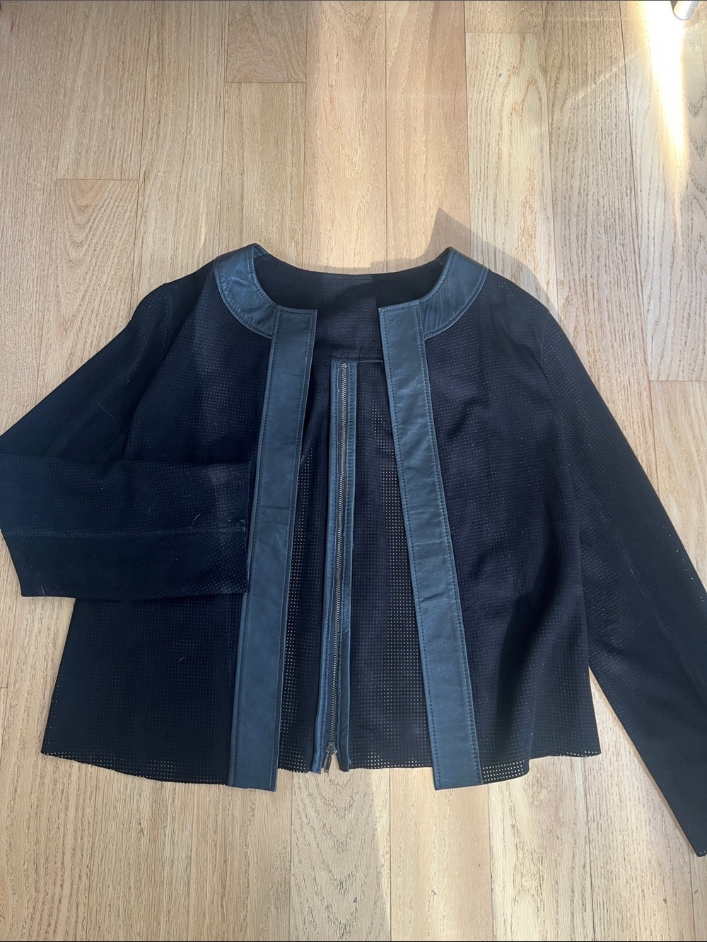 Black Suede Perforated Open-Front Jacket with Leather Trim